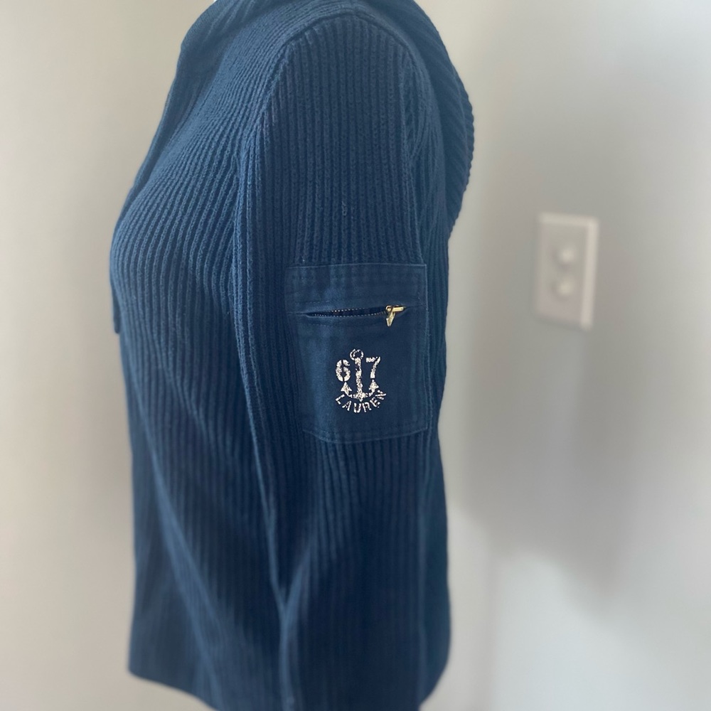 EUC Lauren Ralph Lauren Navy Cotton Ribbed Nautical Hooded Zip Front Cardigan - Picture 5 of 8